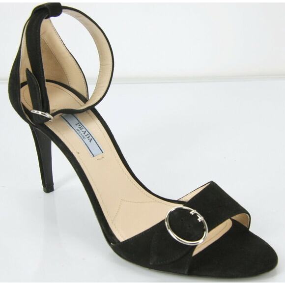 Prada Black Suede Ankle Strap Sandals Size 39.5 Heels New Buckle - Picture 1 of 11